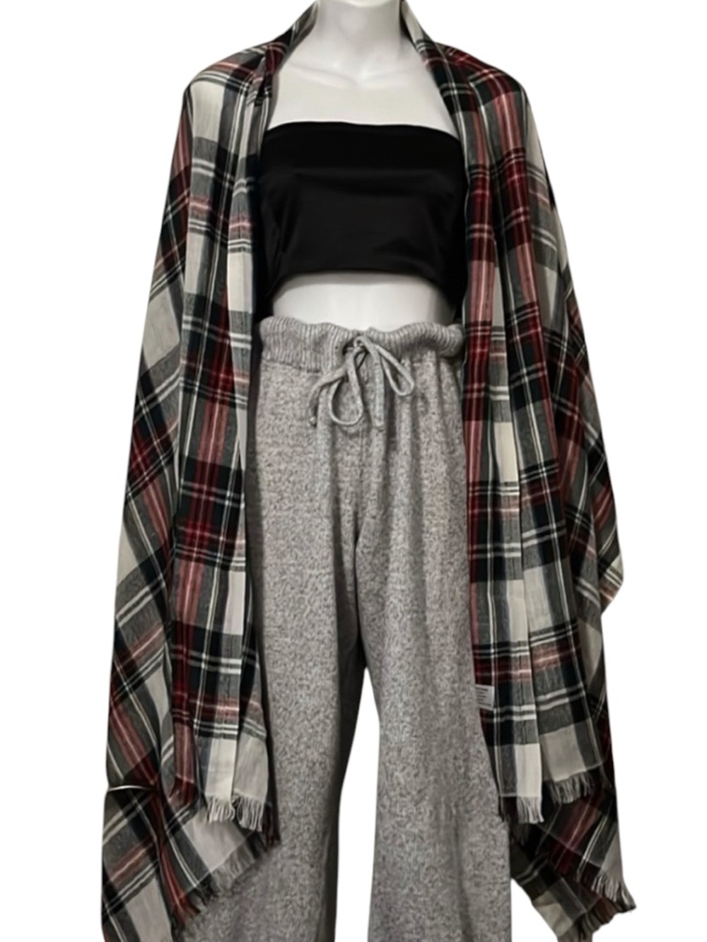 Naturally Knotty Red Black White & Blue Tartan Plaid Scarf Shawl Coverup